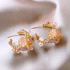 Korea Design Jewelry Pink Crystal Flower Half Circle Earrings Elegant Women's Daily Work Accessories
