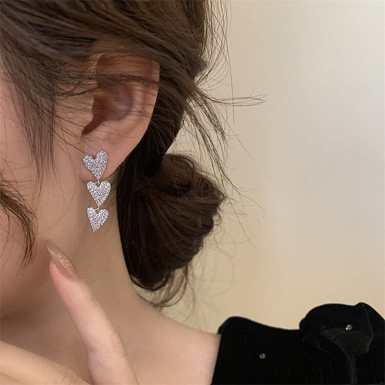 Korea Design Jewelry Silver Color Copper Set Zircon Love Pendant Earrings Elegant Women's Wedding Party Accessories
