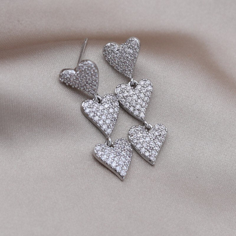 Korea Design Jewelry Silver Color Copper Set Zircon Love Pendant Earrings Elegant Women's Wedding Party Accessories