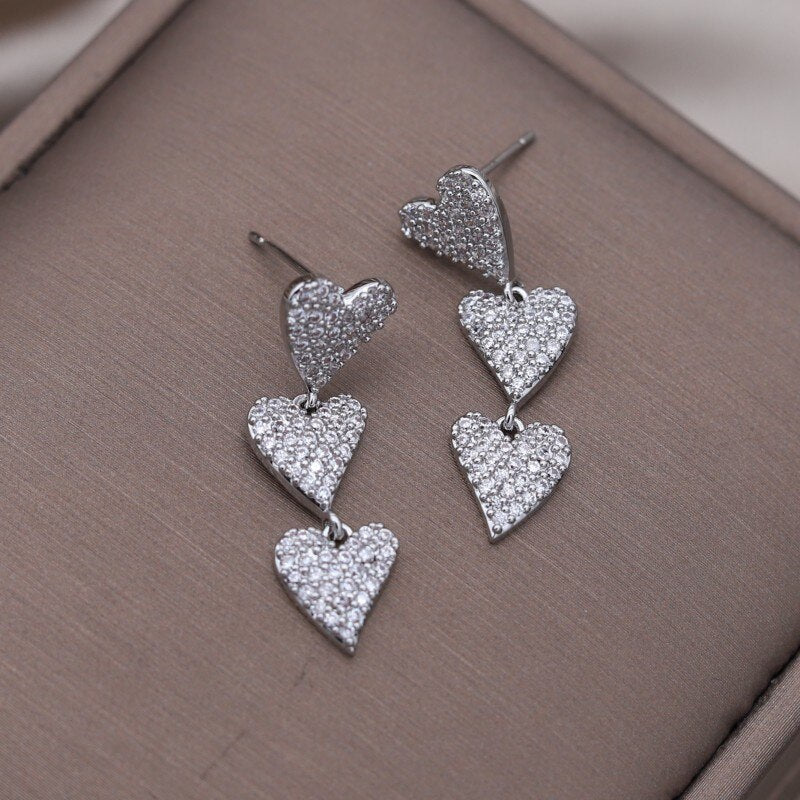 Korea Design Jewelry Silver Color Copper Set Zircon Love Pendant Earrings Elegant Women's Wedding Party Accessories