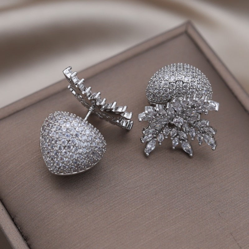 Korea Design Jewelry Silver Color Copper Set Zircon Strawberry Leaf Earrings Elegant Women's Prom Party Accessories