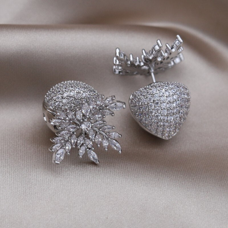 Korea Design Jewelry Silver Color Copper Set Zircon Strawberry Leaf Earrings Elegant Women's Prom Party Accessories