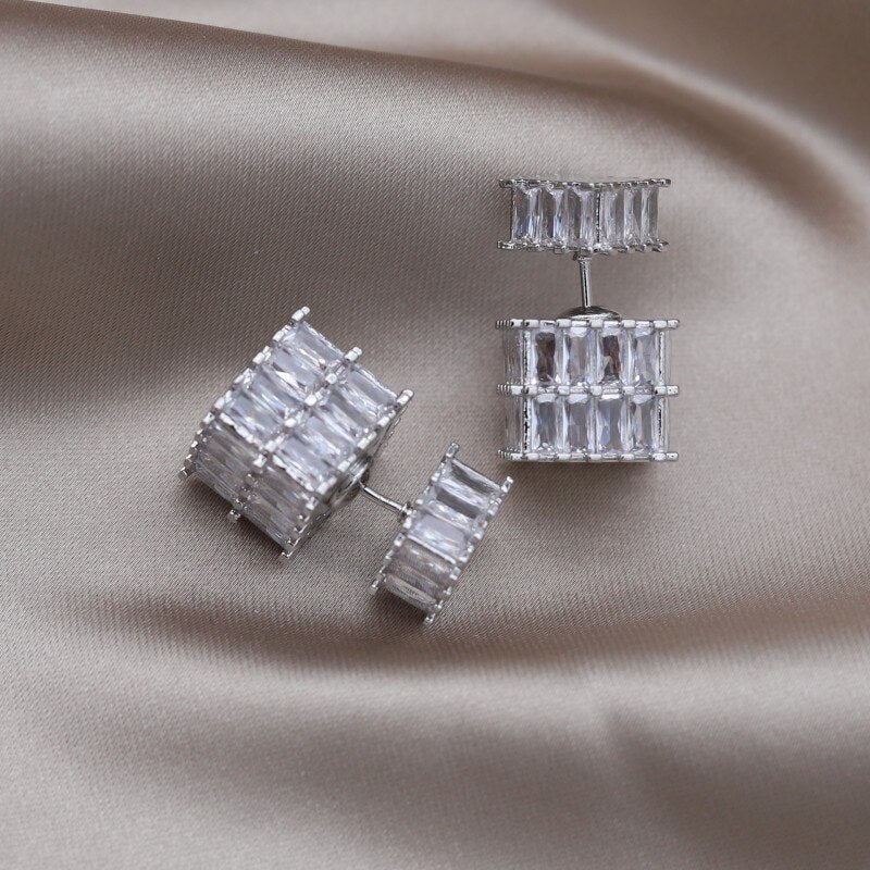 Korea Design Jewelry Silver Color  Square Zircon Front Back Earrings Elegant Women's Daily Work Accessories