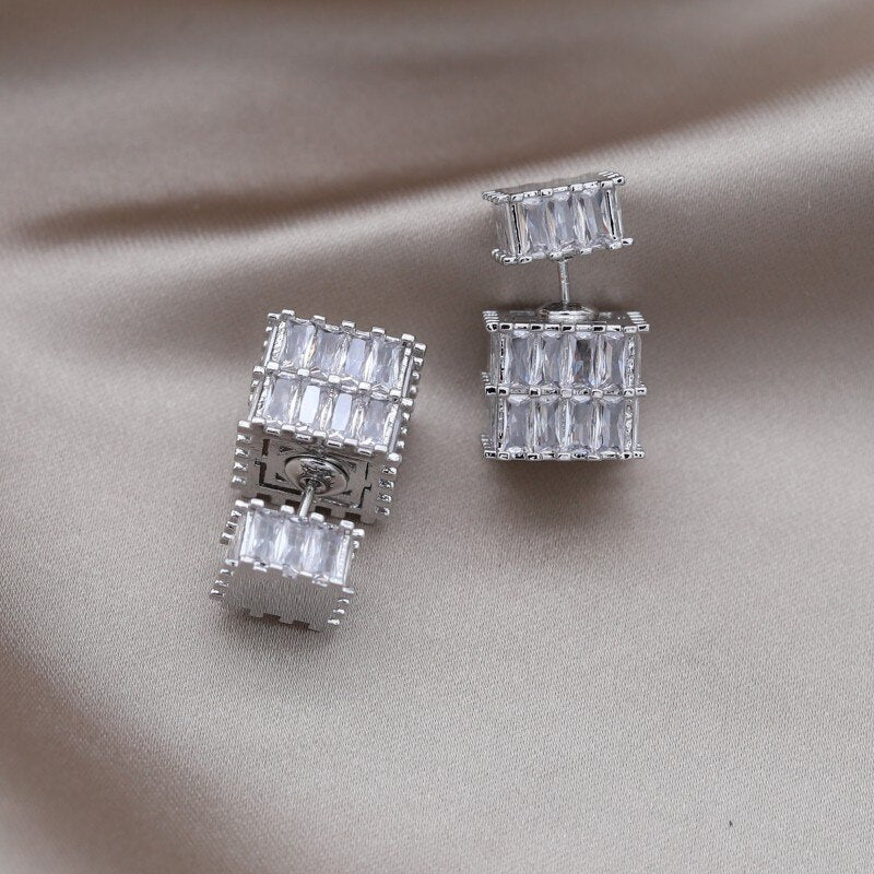 Korea Design Jewelry Silver Color  Square Zircon Front Back Earrings Elegant Women's Daily Work Accessories