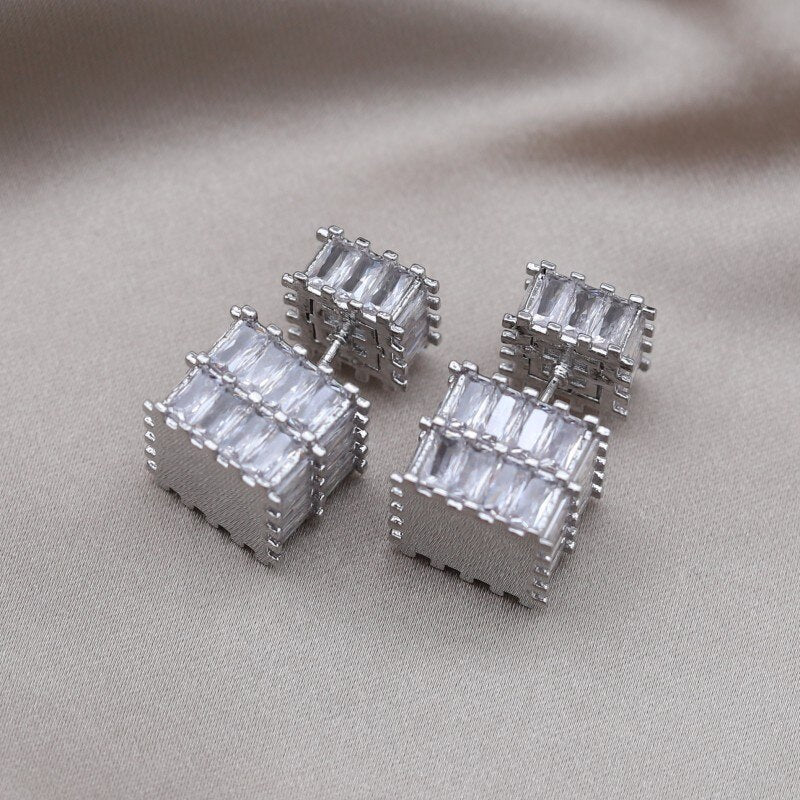 Korea Design Jewelry Silver Color  Square Zircon Front Back Earrings Elegant Women's Daily Work Accessories