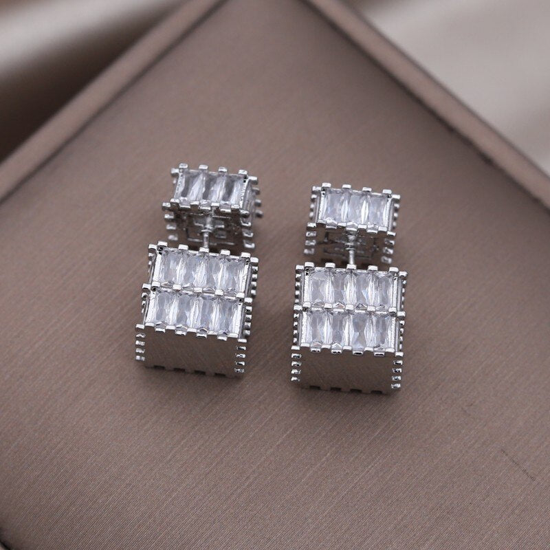 Korea Design Jewelry Silver Color  Square Zircon Front Back Earrings Elegant Women's Daily Work Accessories