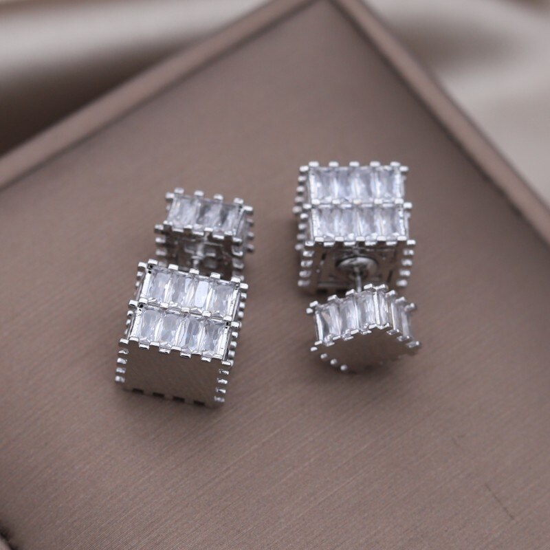 Korea Design Jewelry Silver Color  Square Zircon Front Back Earrings Elegant Women's Daily Work Accessories