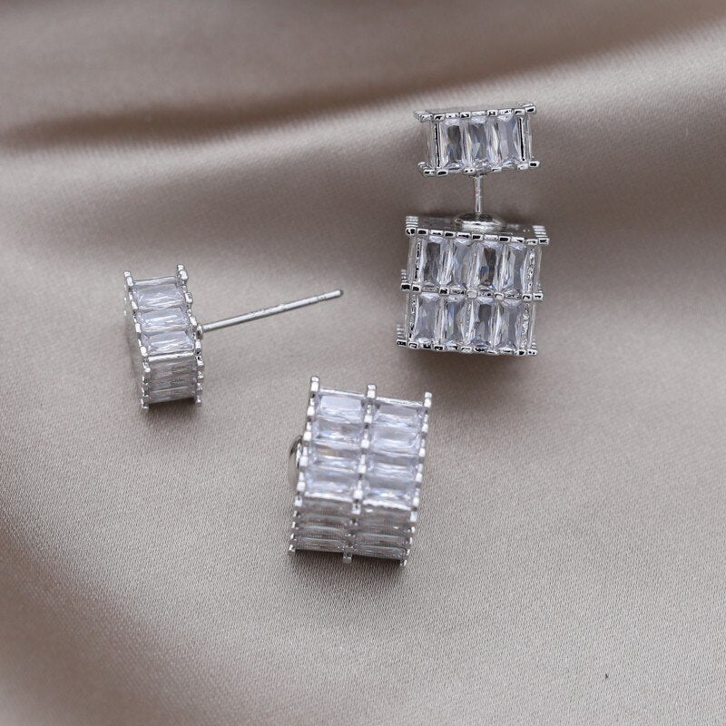 Korea Design Jewelry Silver Color  Square Zircon Front Back Earrings Elegant Women's Daily Work Accessories