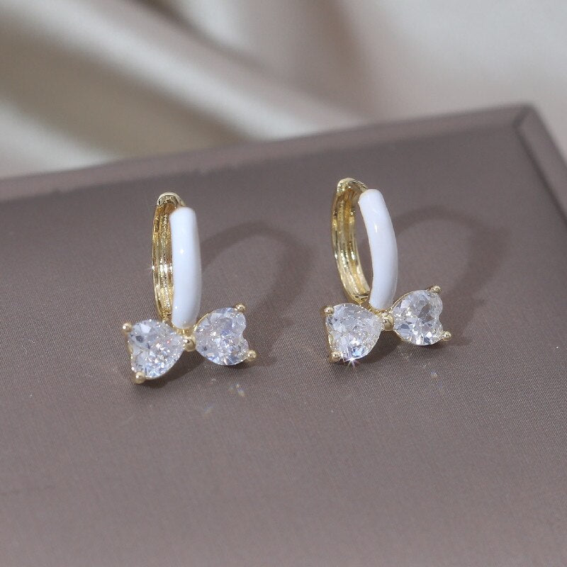 Korea Design Jewelry Simple 14K Gold Plated Zircon Bow White Oil Drop Earring Elegant Women's Daily Work Accessories