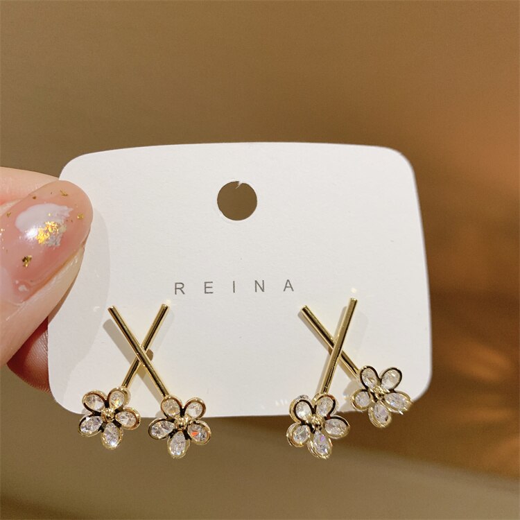Korea Design Jewelry Simple Cross Double Flower Earrings  Elegant Women Prom Party Earrings