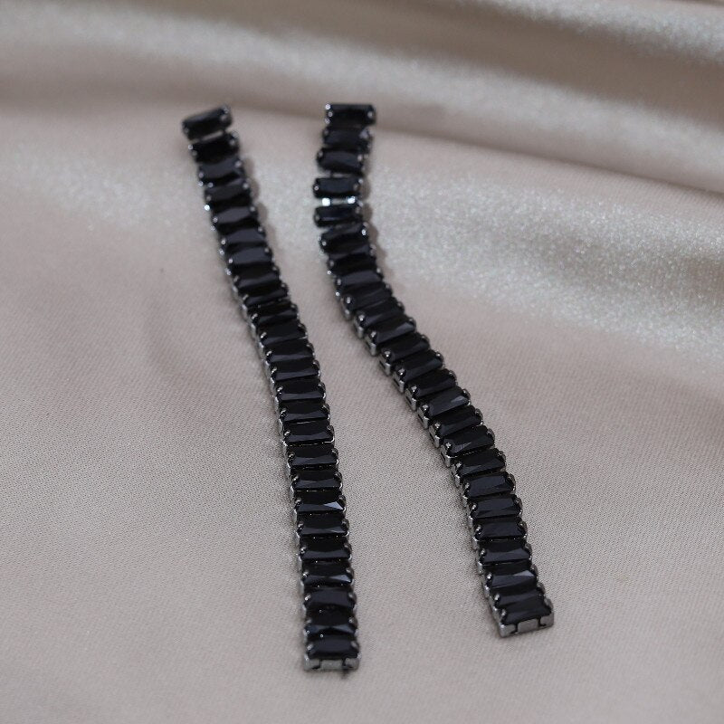 Korea Design Jewelry Square  Black Zircon Long Tassel Earrings Elegant Women's Party Accessories