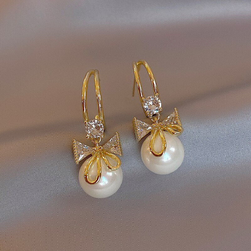 Korea Design Jewelry Sweet Elegant Bow Zirconia Pearl Pendant Earrings Women's Prom Party Accessories
