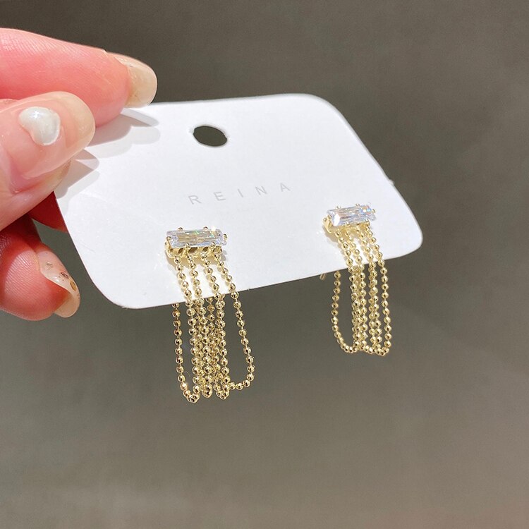 Korea Design Jewelry Zircon Chain Tassel Earrings Elegant Women's Work Daily Accessories