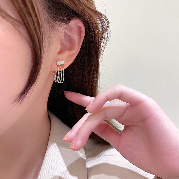 Korea Design Jewelry Zircon Chain Tassel Earrings Elegant Women's Work Daily Accessories