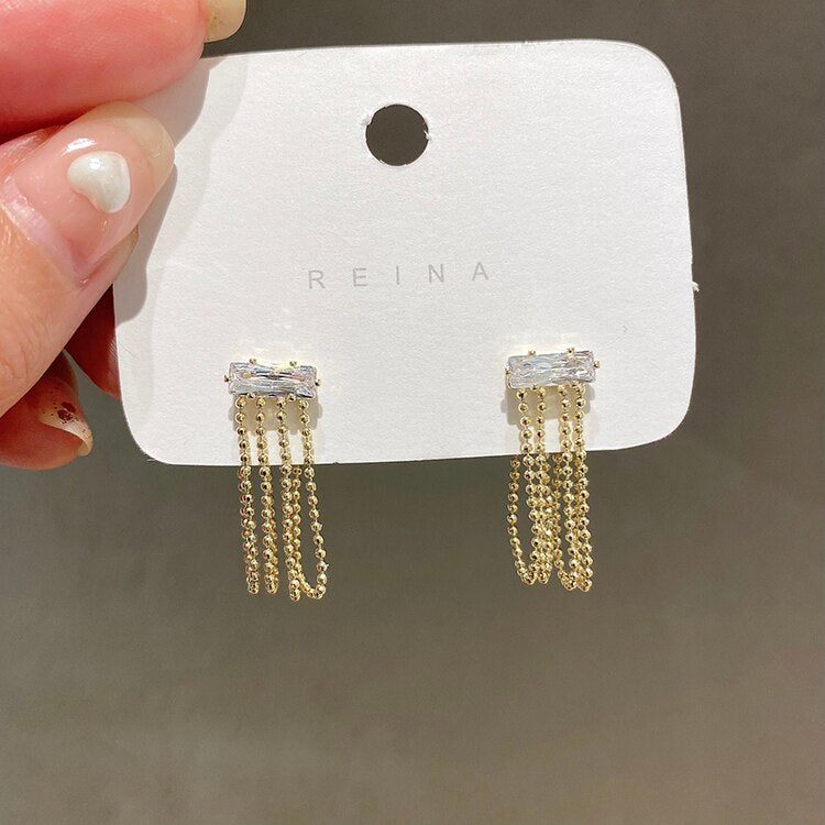 Korea Design Jewelry Zircon Chain Tassel Earrings Elegant Women's Work Daily Accessories