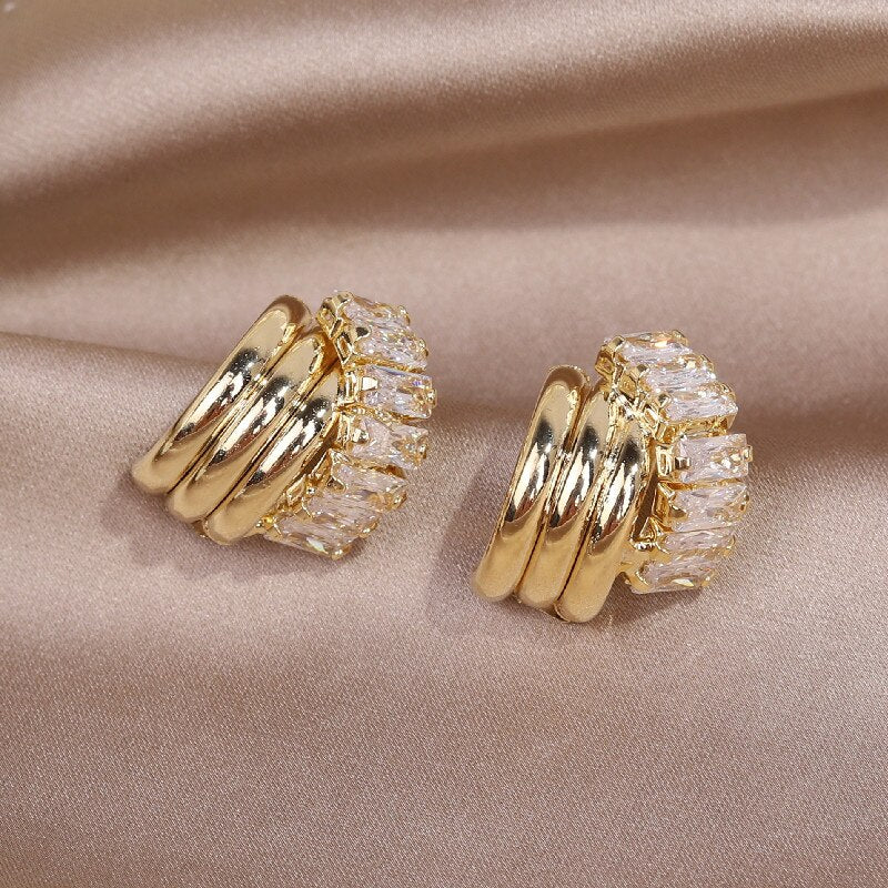 Korea Design Trendy Jewelry Square Zircon Cross Metal Earrings Elegant Urban Women's Daily Work Accessories