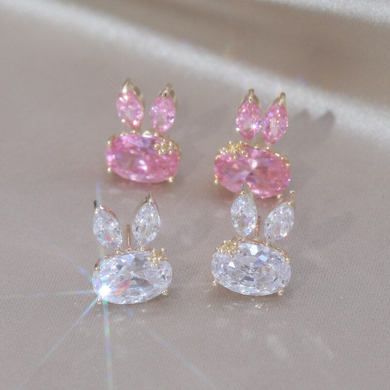 Korea Jewelry 14K Gold Plated Cute Rabbit Zircon Earrings Sweet Girl Gifts Elegant Women Daily Work Accessories