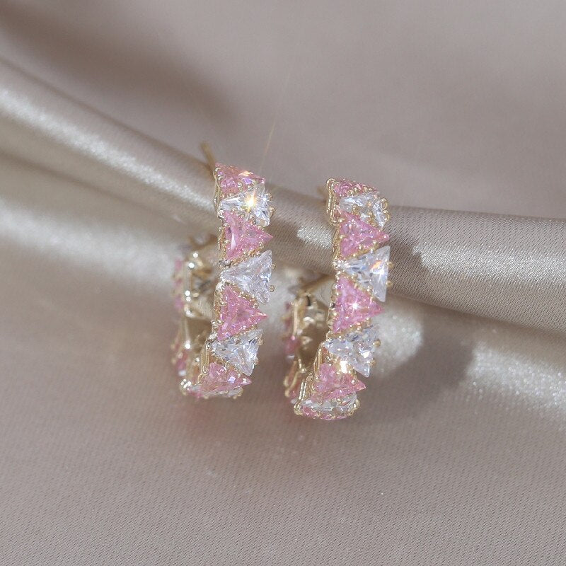 Korea Jewelry 14K Gold Plating  Triangle Colorful Zircon Half Earrings Elegant Women's Daily Work Accessories