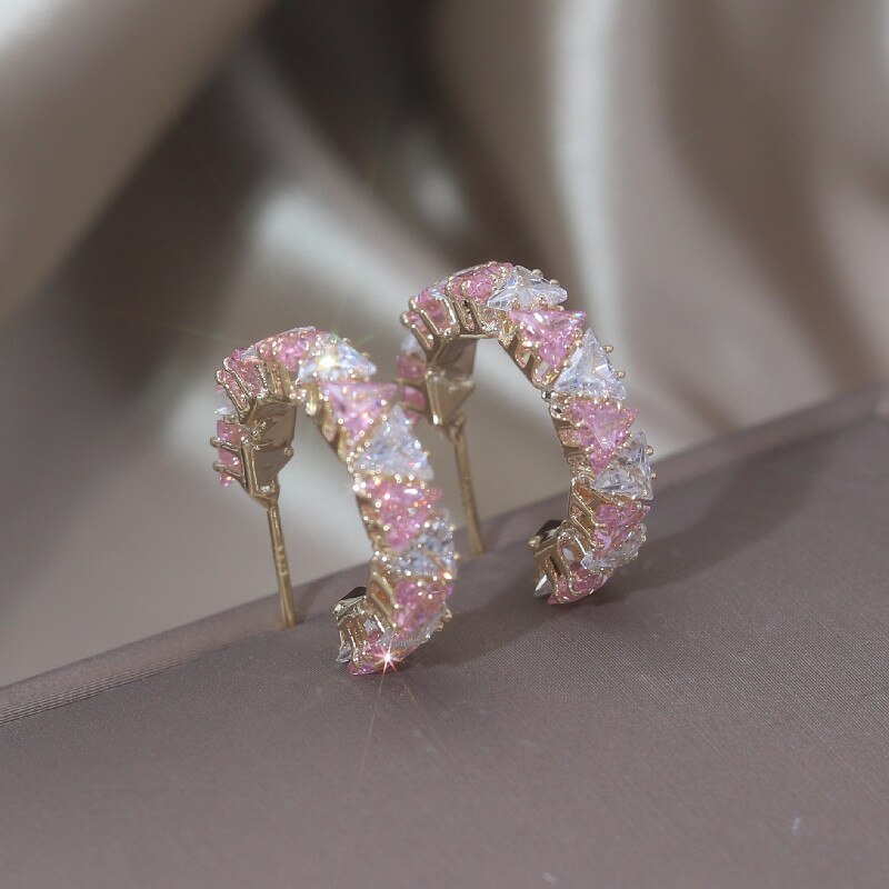 Korea Jewelry 14K Gold Plating  Triangle Colorful Zircon Half Earrings Elegant Women's Daily Work Accessories