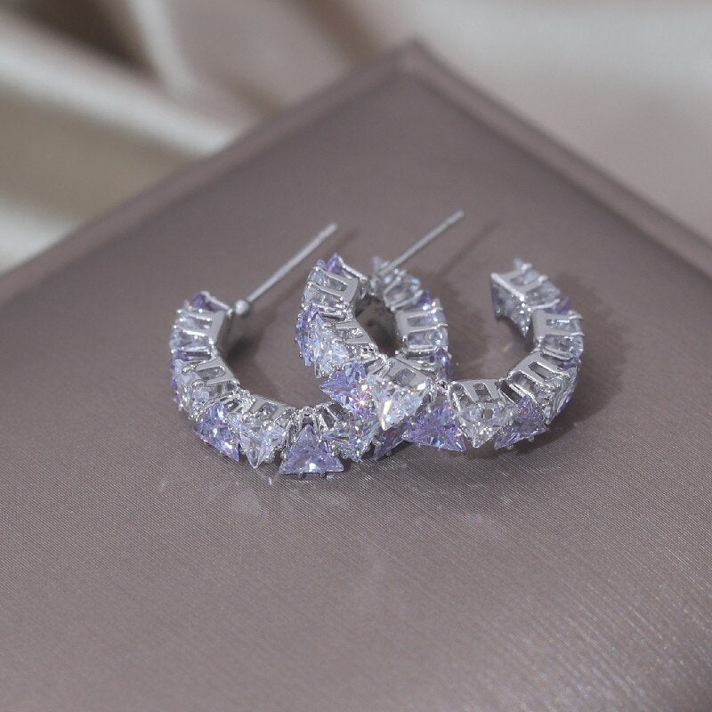 Korea Jewelry 14K Gold Plating  Triangle Colorful Zircon Half Earrings Elegant Women's Daily Work Accessories