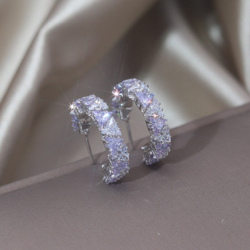 Korea Jewelry 14K Gold Plating  Triangle Colorful Zircon Half Earrings Elegant Women's Daily Work Accessories