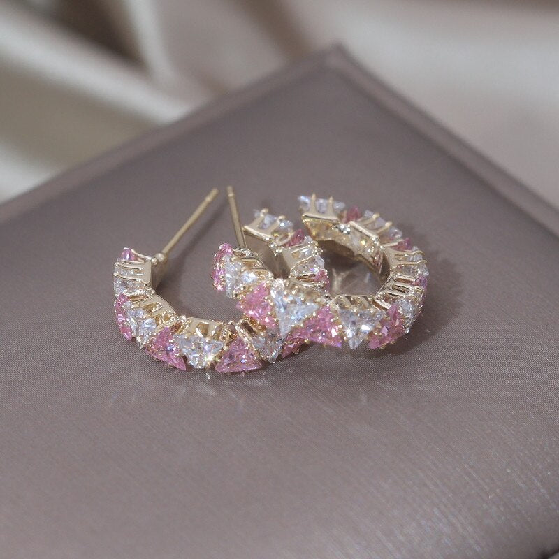 Korea Jewelry 14K Gold Plating  Triangle Colorful Zircon Half Earrings Elegant Women's Daily Work Accessories
