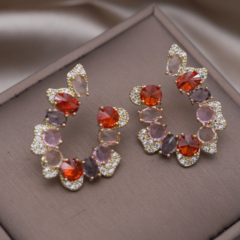 Korea Jewelry 14K Gold Plating  Zircon Color Crystal Letter U Earring  Women's Evening Party Accessories