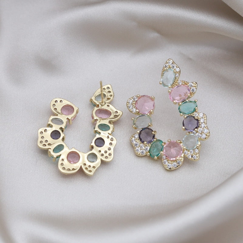 Korea Jewelry 14K Gold Plating  Zircon Color Crystal Letter U Earring  Women's Evening Party Accessories