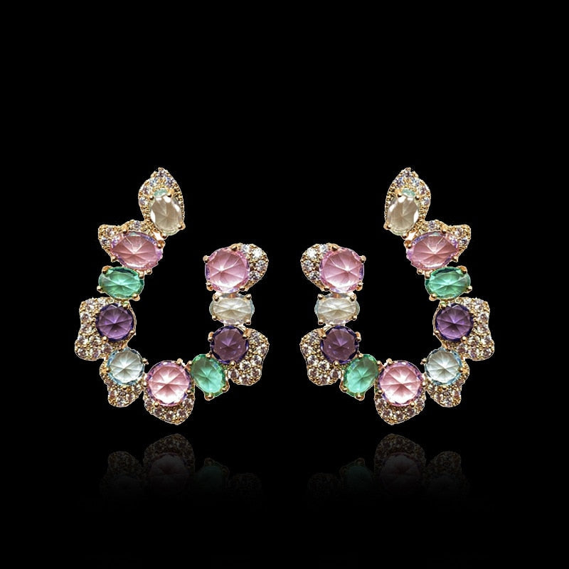 Korea Jewelry 14K Gold Plating  Zircon Color Crystal Letter U Earring  Women's Evening Party Accessories