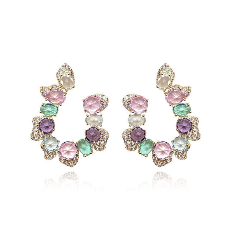 Korea Jewelry 14K Gold Plating  Zircon Color Crystal Letter U Earring  Women's Evening Party Accessories