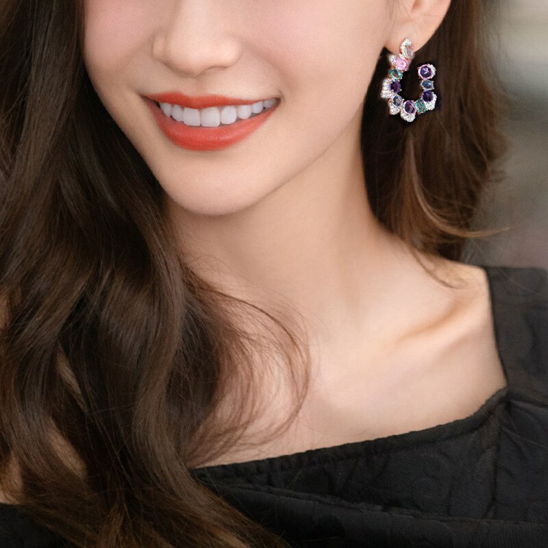 Korea Jewelry 14K Gold Plating  Zircon Color Crystal Letter U Earring  Women's Evening Party Accessories