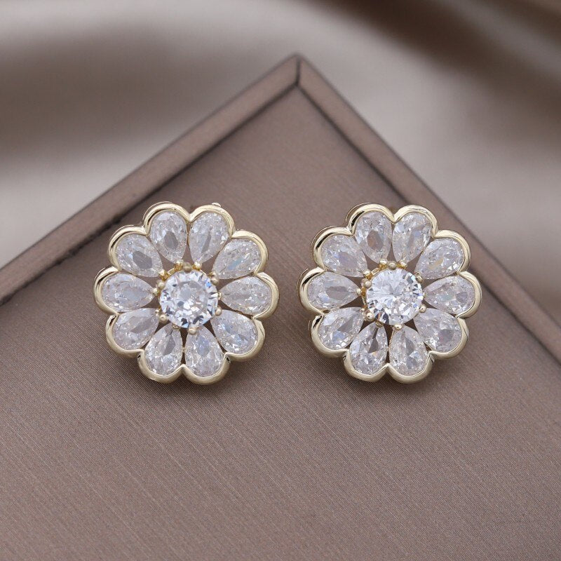 Korea Jewelry 14K Gold plated Copper Set Zircon Water Drop Round Earrings Elegant Women's Prom Party Accessories