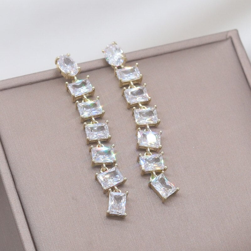 Korea Jewelry 14K Real Gold Plating  Square Zircon Long Pendant Earrings Elegant Women Wedding Party earrings