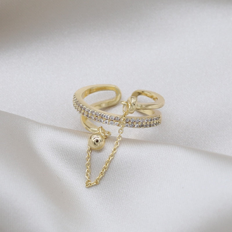 Korea Jewelry 14K Real Gold plating Exquisite AAA Zircon Multilayer Chain Bead Rings Elegant Women's Daily Work Ring