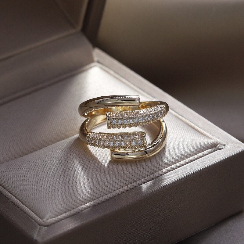 Korea Jewelry Exquisite 14K Gold Plated AAA Zircon Double Cross Ring Elegant Women Opening Adjustable Wedding Gift