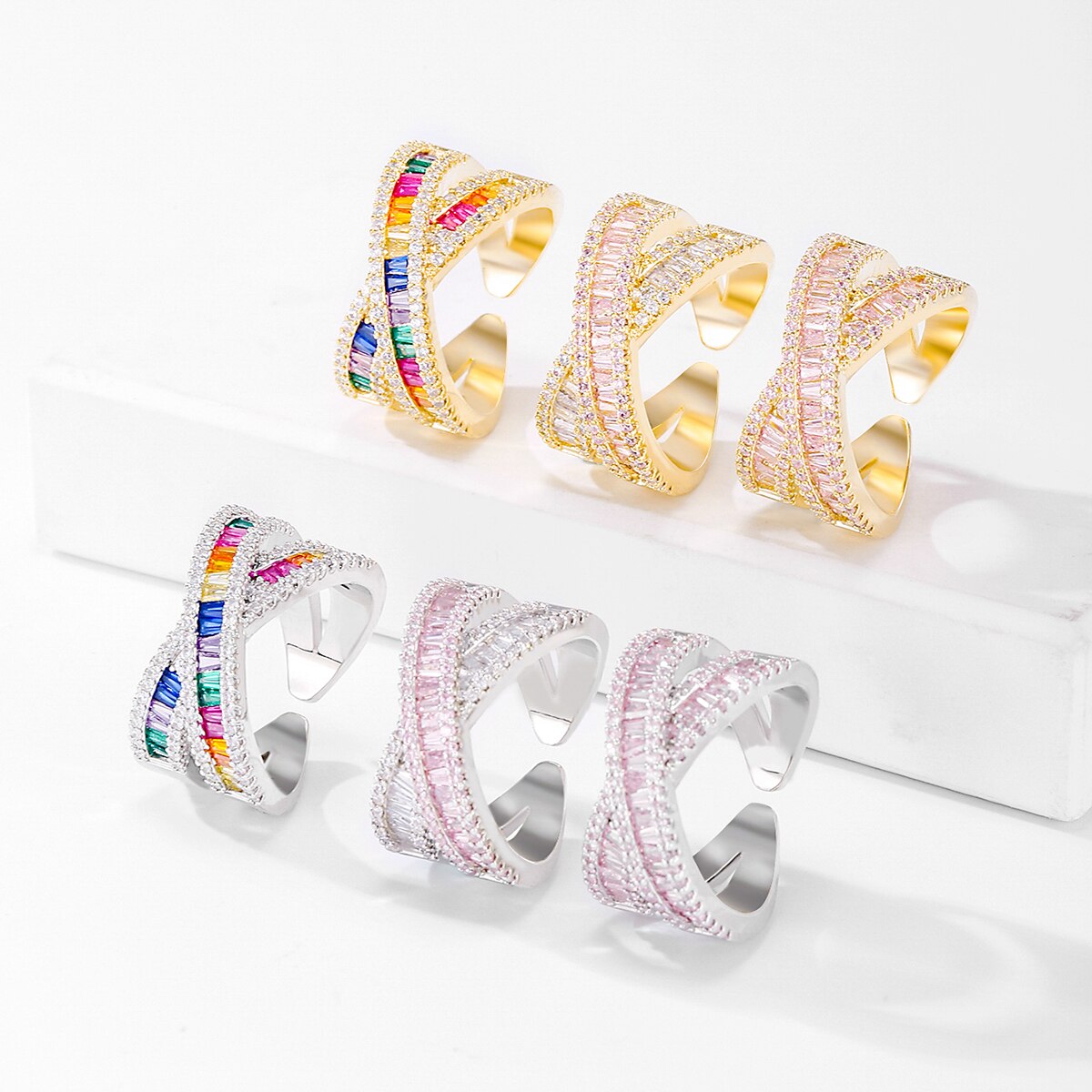 Korea Jewelry Exquisite 14K Real Gold Plated AAA Zircon Ring Elegant Women's Opening Adjustable Wedding Gift