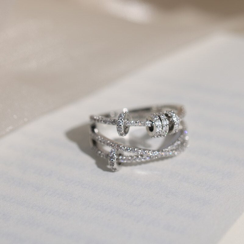 Korea Jewelry Exquisite Copper Inlaid Zircon Smart Rotatable Bead Rings  Women's Opening Prom Party Rings