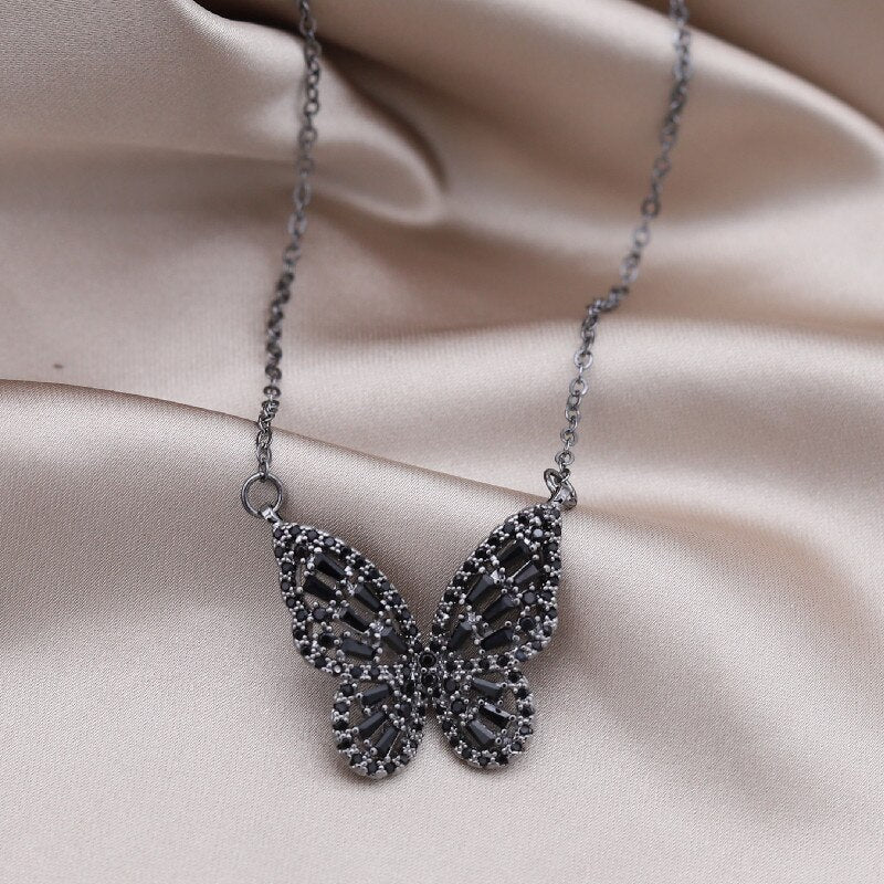 Korea Jewelry  Black Zircon Butterfly Pendant Necklace Elegant Women Sexy Clavicle Prom Party Accessories
