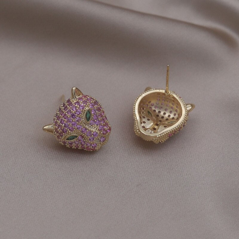 Korea Jewelry  Colored Zircon 14K Gold Electroplated Animal Leopard Earrings Elegant Women's Party Accessories