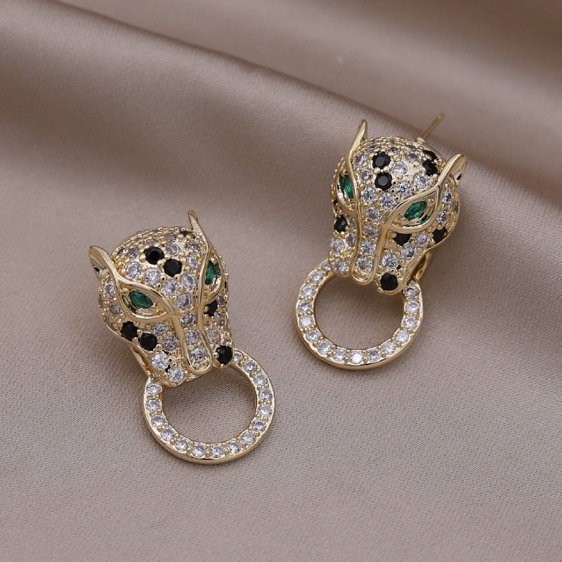 Korea Jewelry  Colored Zircon 14K Gold Electroplated Animal Leopard Earrings Elegant Women's Party Accessories