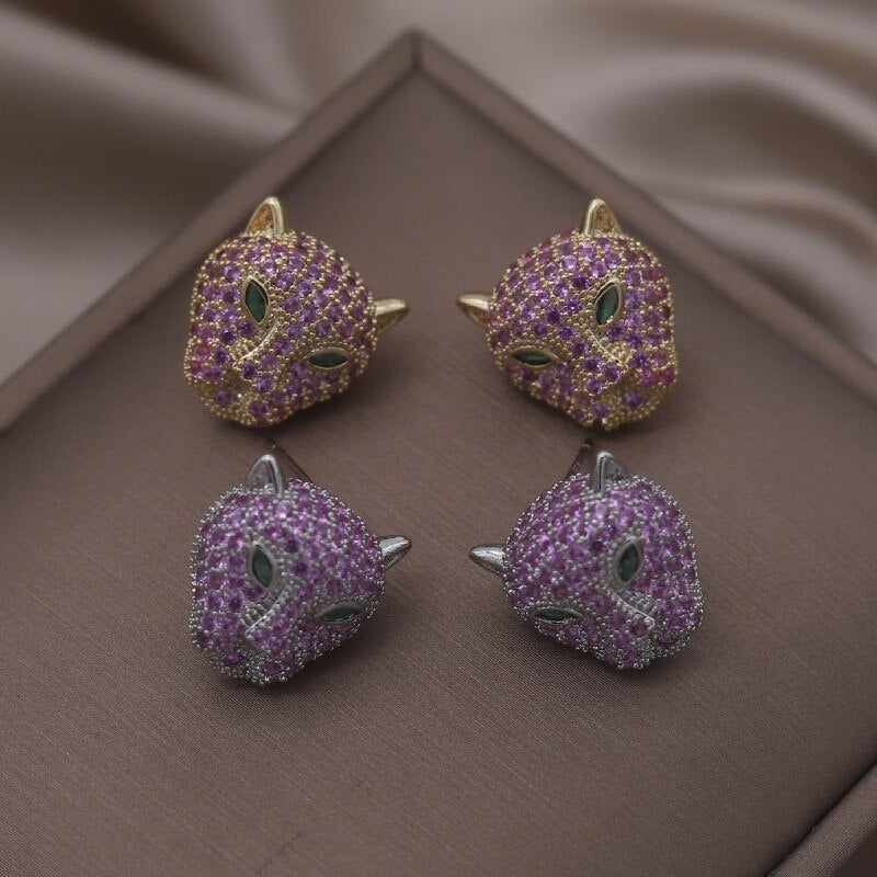 Korea Jewelry  Colored Zircon 14K Gold Electroplated Animal Leopard Earrings Elegant Women's Party Accessories
