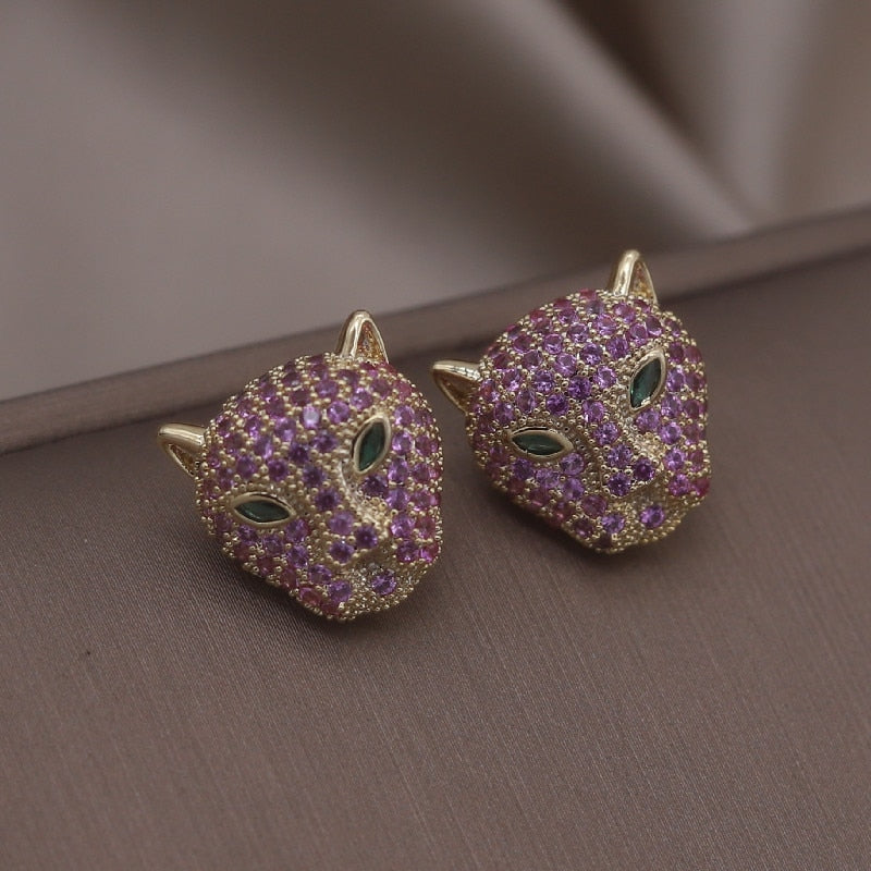Korea Jewelry  Colored Zircon 14K Gold Electroplated Animal Leopard Earrings Elegant Women's Party Accessories