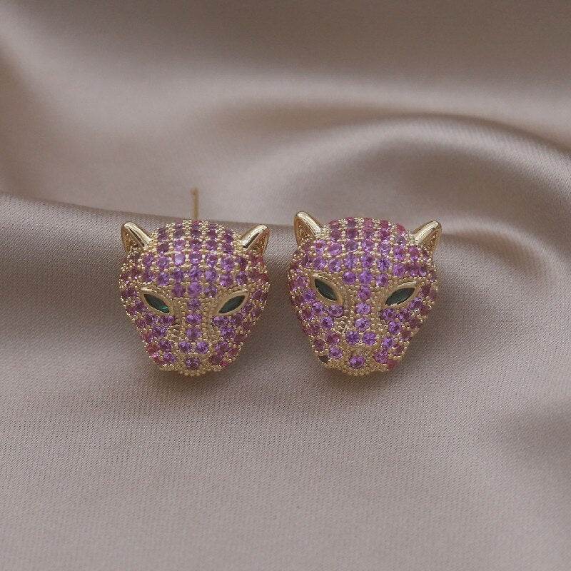 Korea Jewelry  Colored Zircon 14K Gold Electroplated Animal Leopard Earrings Elegant Women's Party Accessories
