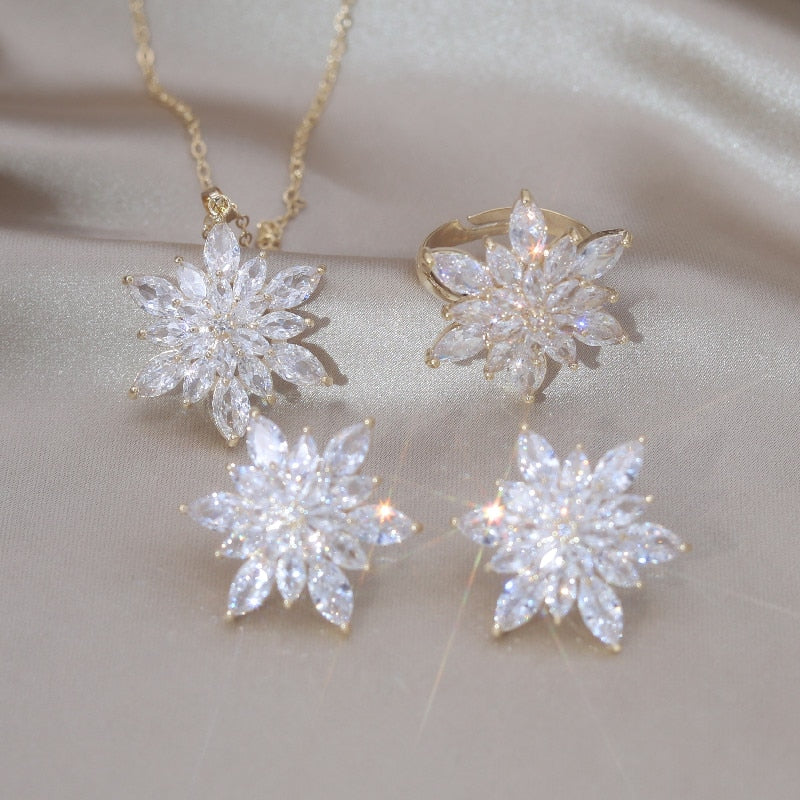 Korea Jewelry  Copper Inlaid Zircon 14K Gold plated Flower Jewelry Set Elegant Women Wedding Party Accessories