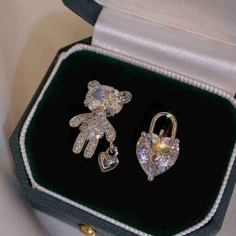 Korea Jewelry  Silver Color Bear Heart Asymmetric Zircon Earrings Elegant Women Wedding Party Accessories