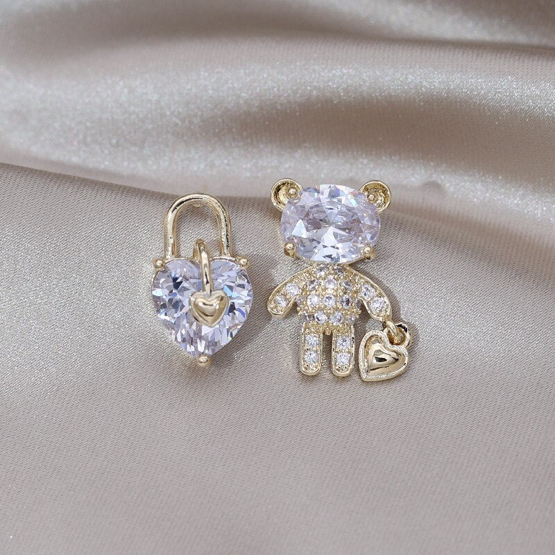 Korea Jewelry  Silver Color Bear Heart Asymmetric Zircon Earrings Elegant Women Wedding Party Accessories