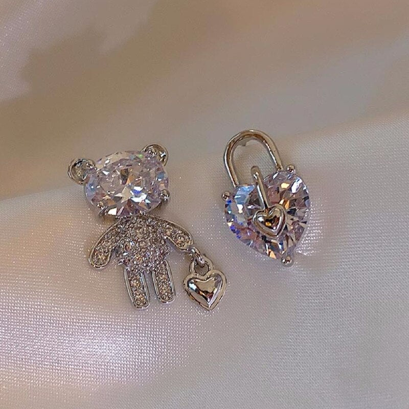 Korea Jewelry  Silver Color Bear Heart Asymmetric Zircon Earrings Elegant Women Wedding Party Accessories