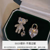 Korea Jewelry  Silver Color Bear Heart Asymmetric Zircon Earrings Elegant Women Wedding Party Accessories