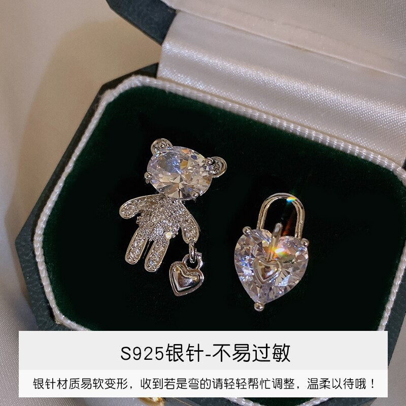 Korea Jewelry  Silver Color Bear Heart Asymmetric Zircon Earrings Elegant Women Wedding Party Accessories