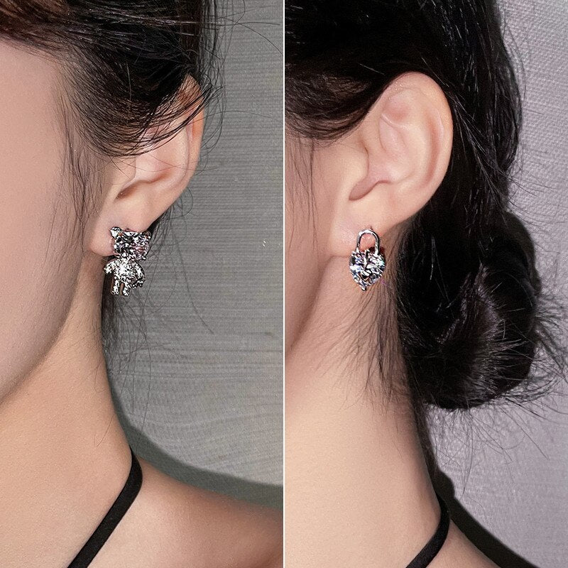 Korea Jewelry  Silver Color Bear Heart Asymmetric Zircon Earrings Elegant Women Wedding Party Accessories